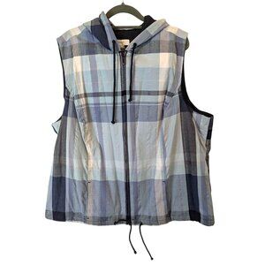 CJ Banks Womens Plus 2X Blue Plaid Hooded Zip Vest Sleeveless Layered Look Sport